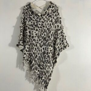 Sapphire Leopard Print Poncho Womens One Size Cream Grey Black Fringe
